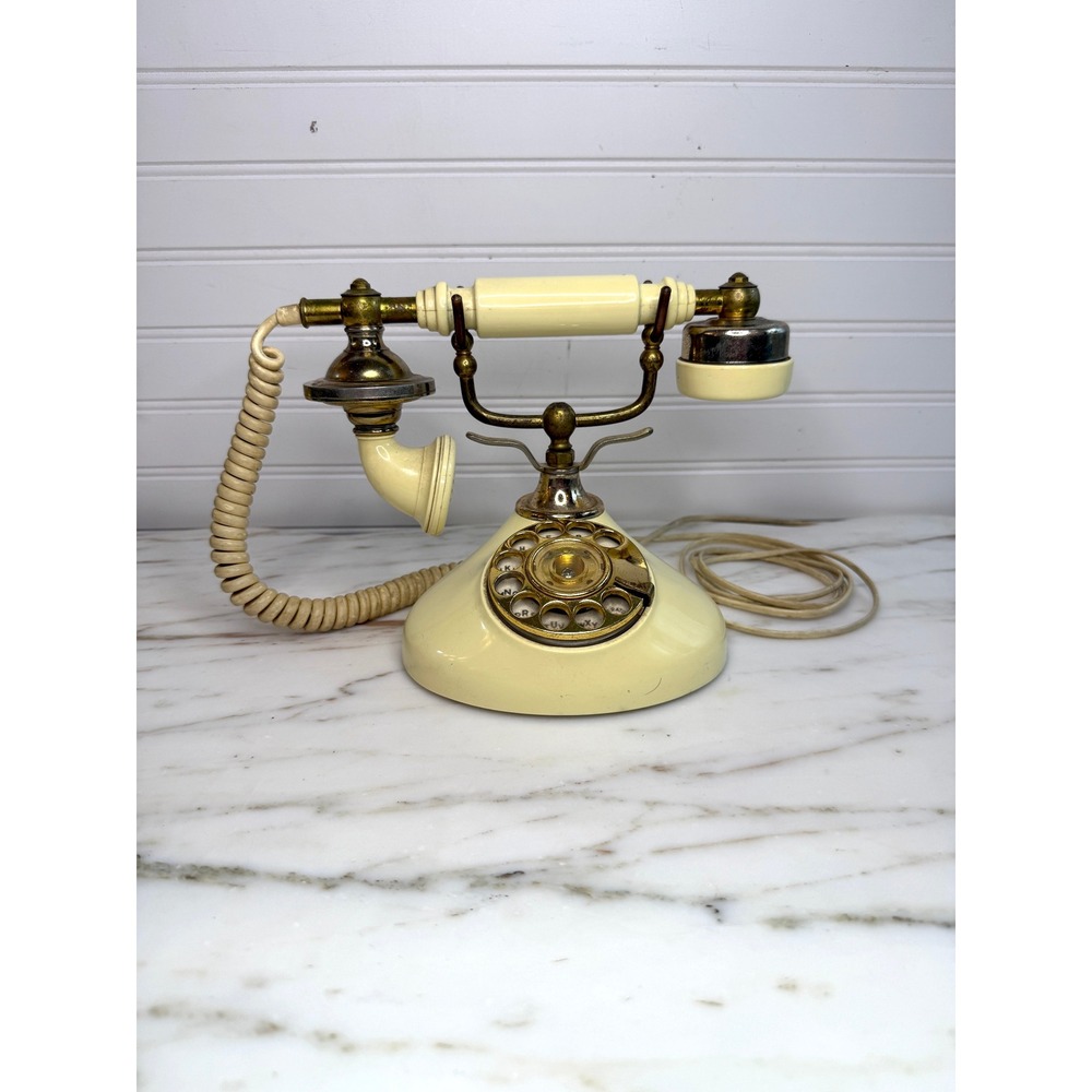 Vintage Rotary Telephone Cream & Brass Desk Phone Retro Style